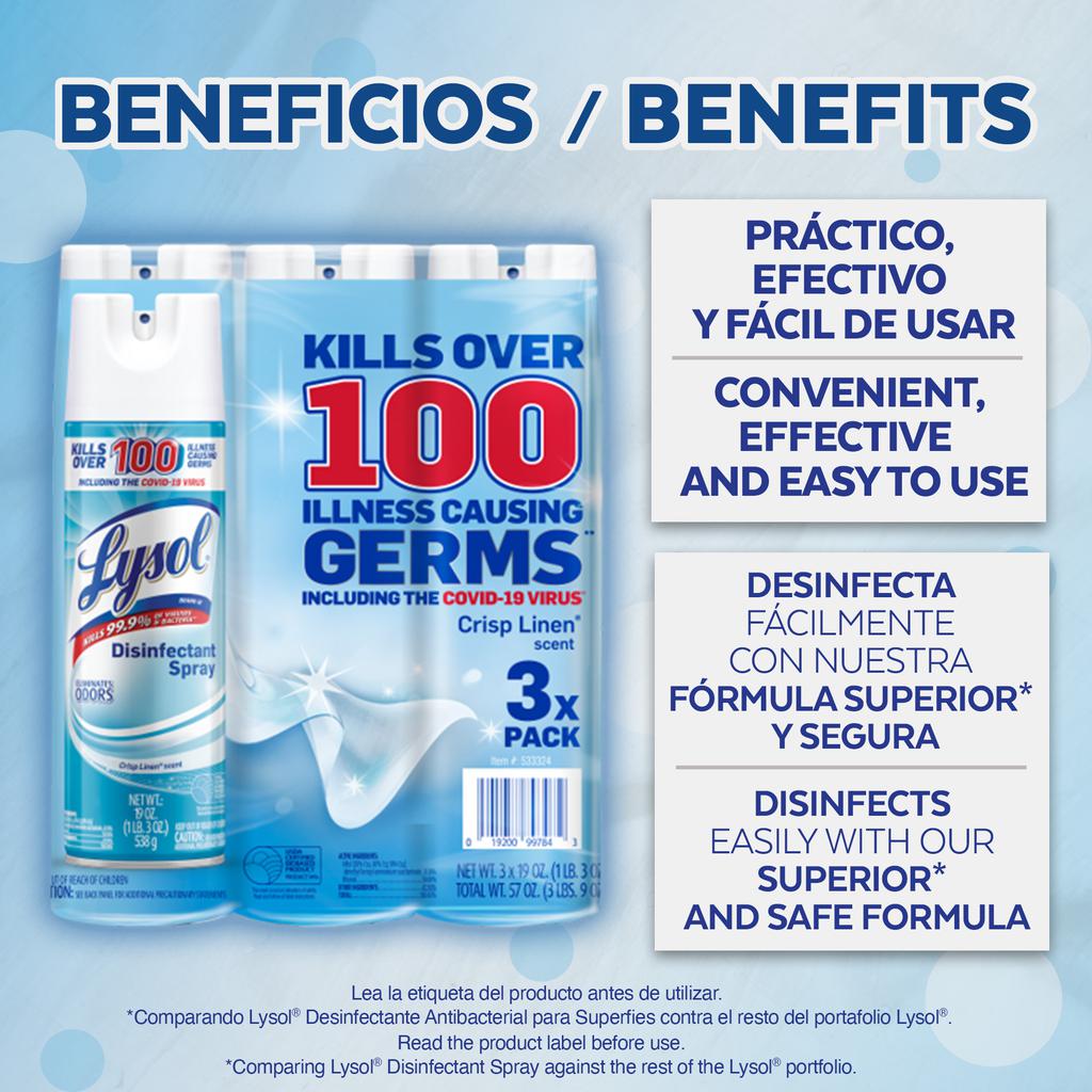 Lysol Aerosol Desinfectante Aroma Crisp Linen 3 Unidades / 562 mL / 19 oz