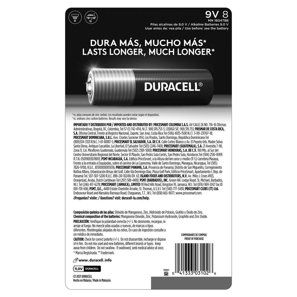 Duracell Baterías Alcalinas de 9 V 8 Unidades