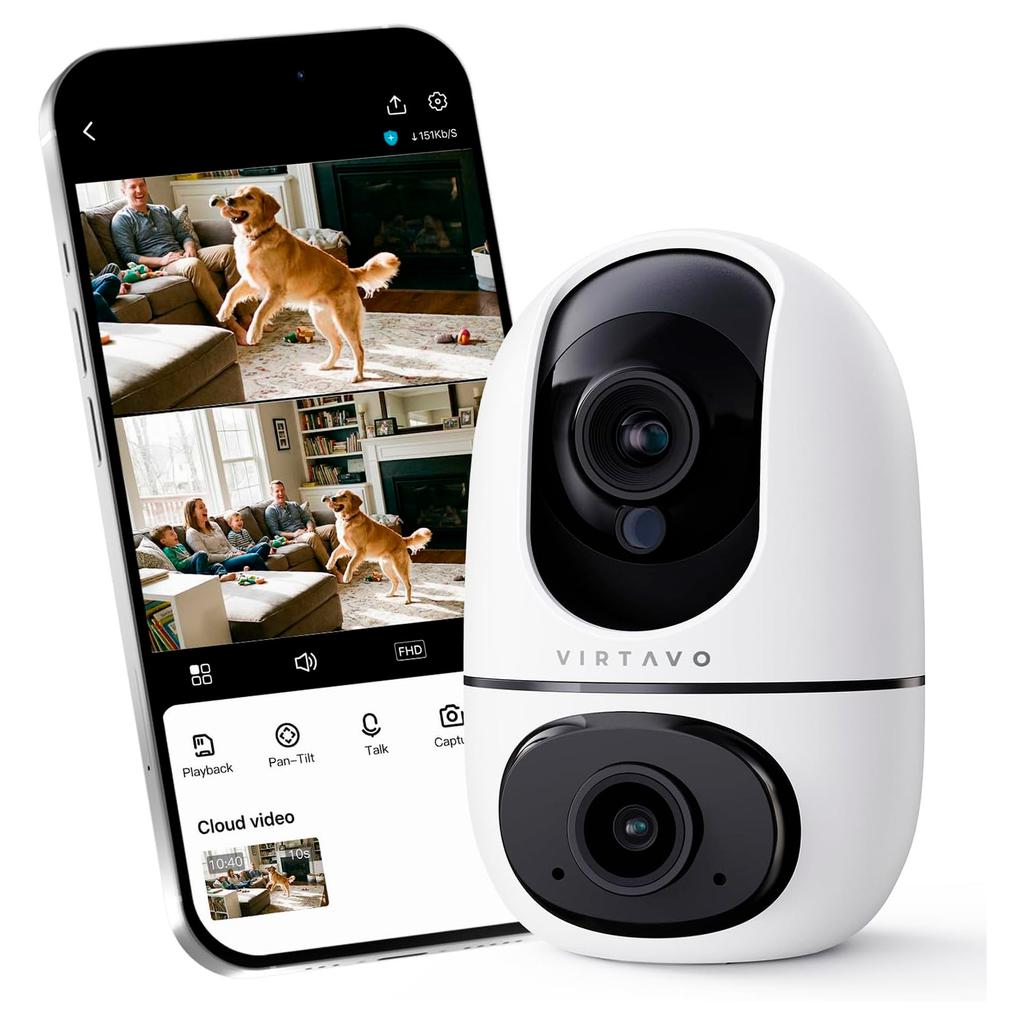Virtavo Cámara de Seguridad para Interiores de Doble Lente HD con Visión Nocturna
