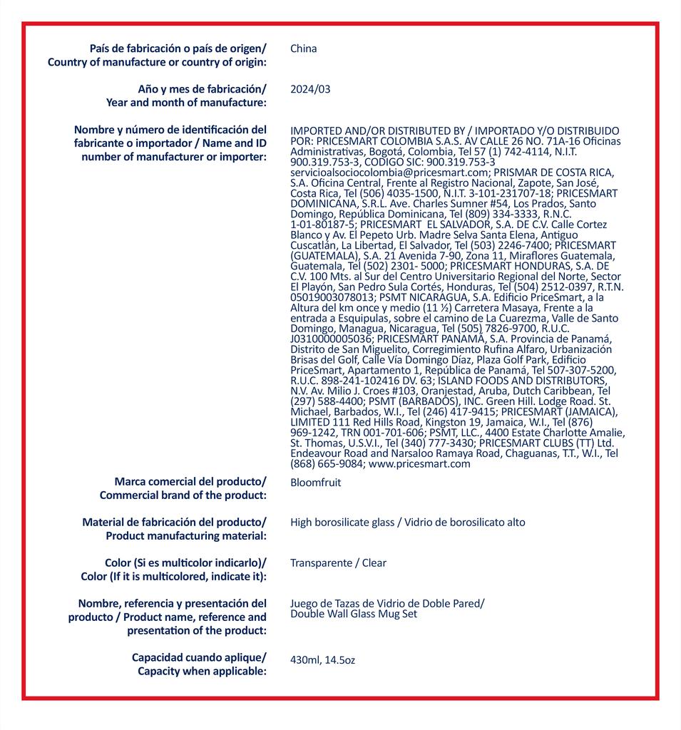 Bloomfruit Set de Vasos de Vidrio 6 Piezas