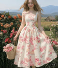 Vestido Largo Floral Blanco con Rosas Rosadas