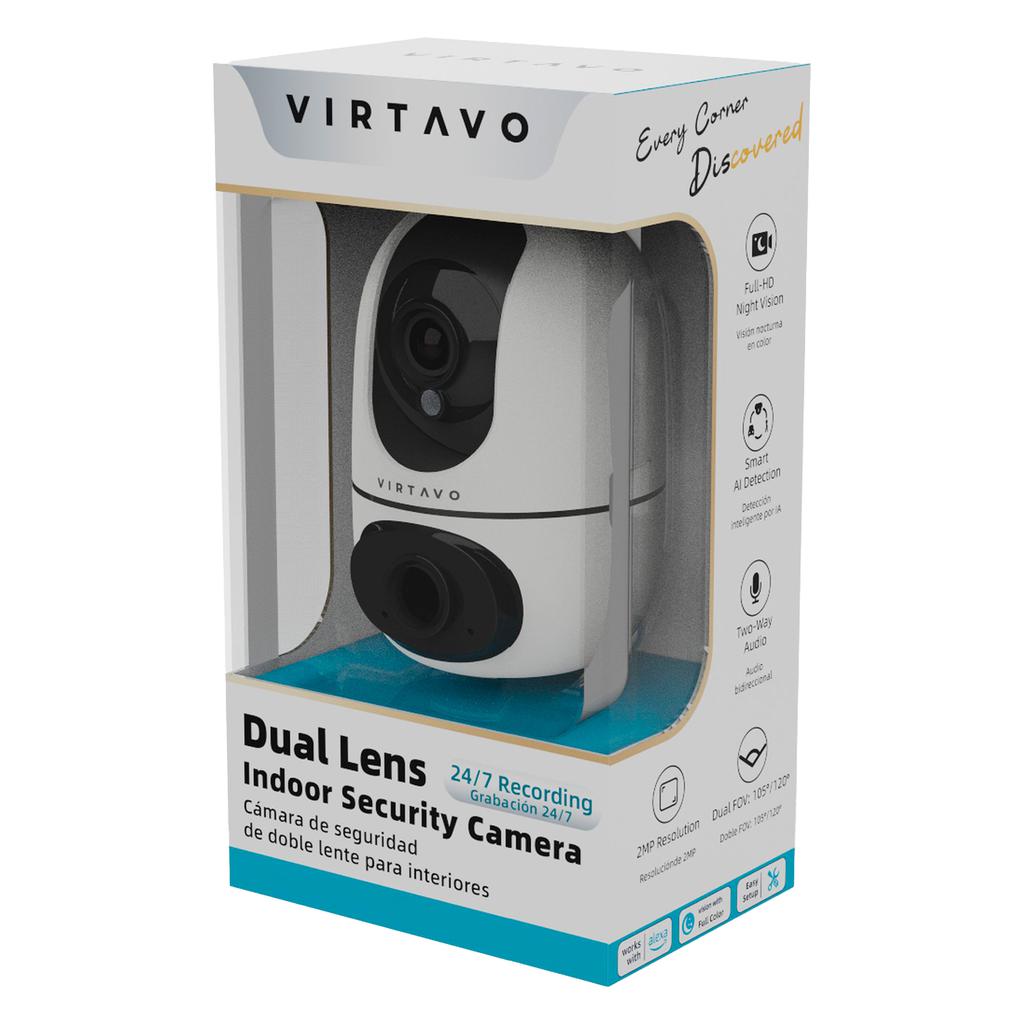 Virtavo Cámara de Seguridad para Interiores de Doble Lente HD con Visión Nocturna