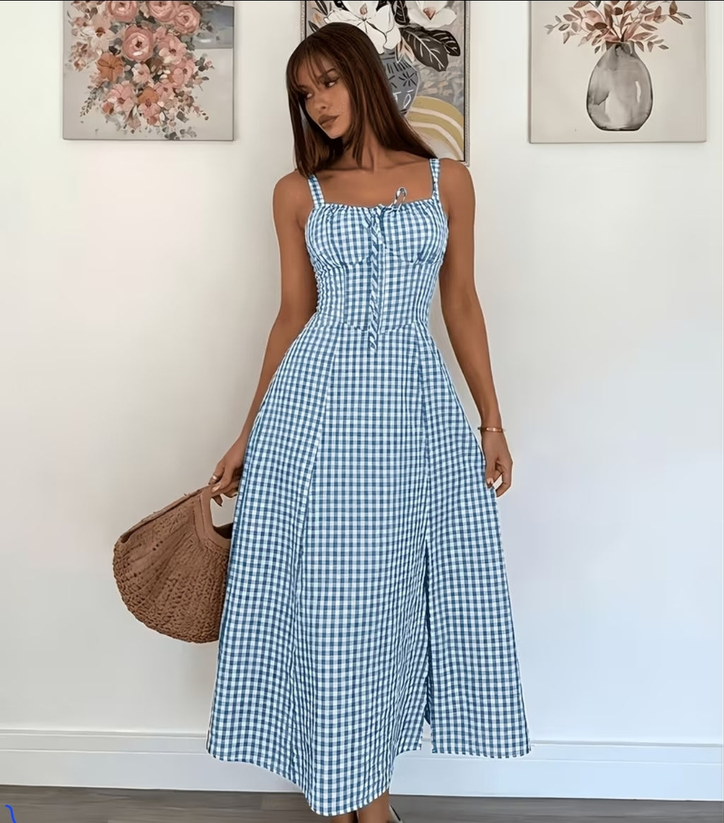 Vestido Largo de Cuadros Azules con Abertura Lateral