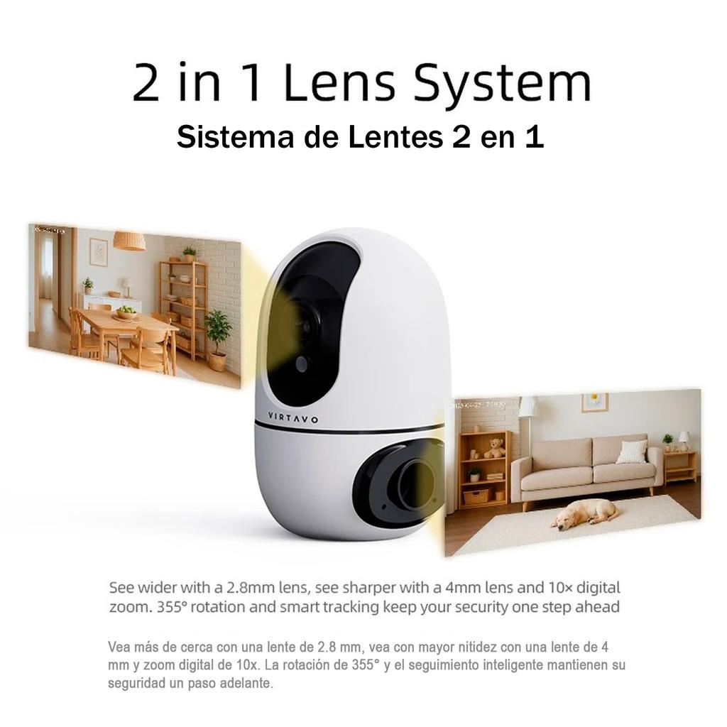 Virtavo Cámara de Seguridad para Interiores de Doble Lente HD con Visión Nocturna