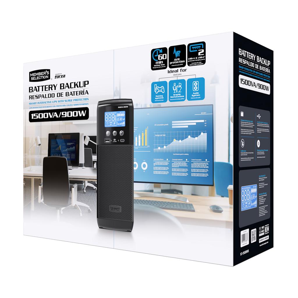 Member's Selection Respaldo de Batería UPS Inteligente con Protección contra Sobretensiones 1 500 VA / 900 W ST-1500MS