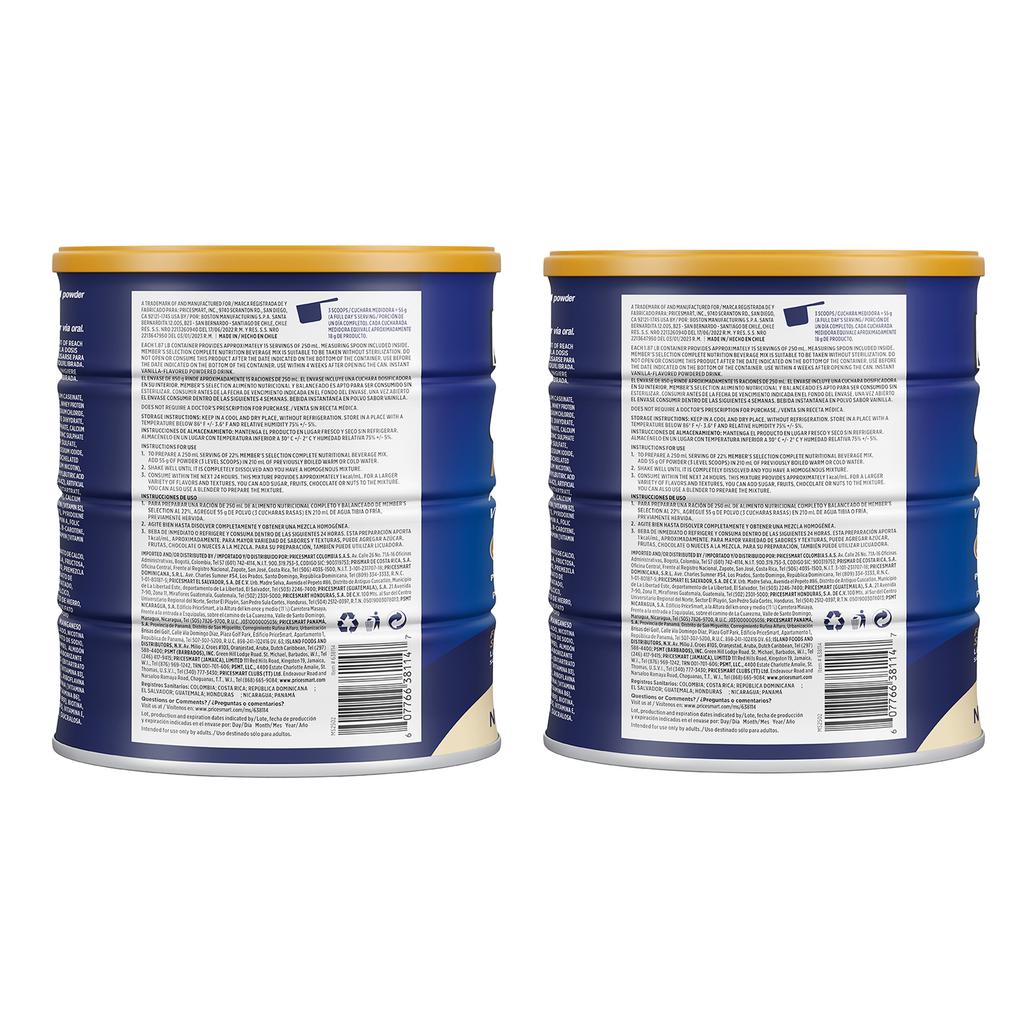 Member's Selection Bebida Nutricional en Polvo sabor Vainilla Complete 2 Unidades / 850 g / 1.87 lb