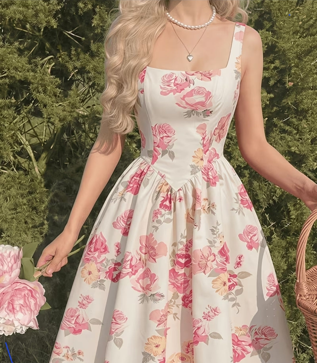 Vestido Largo Floral Blanco con Rosas Rosadas