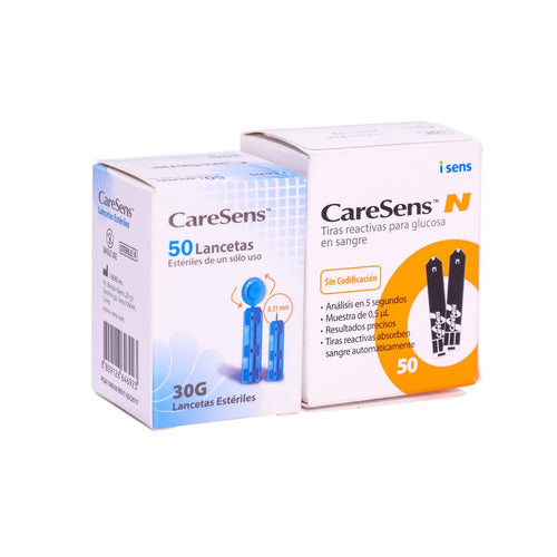 CareSens Tiras Reactivas y Lancetas Giratorias para Glucómetro CareSens N
