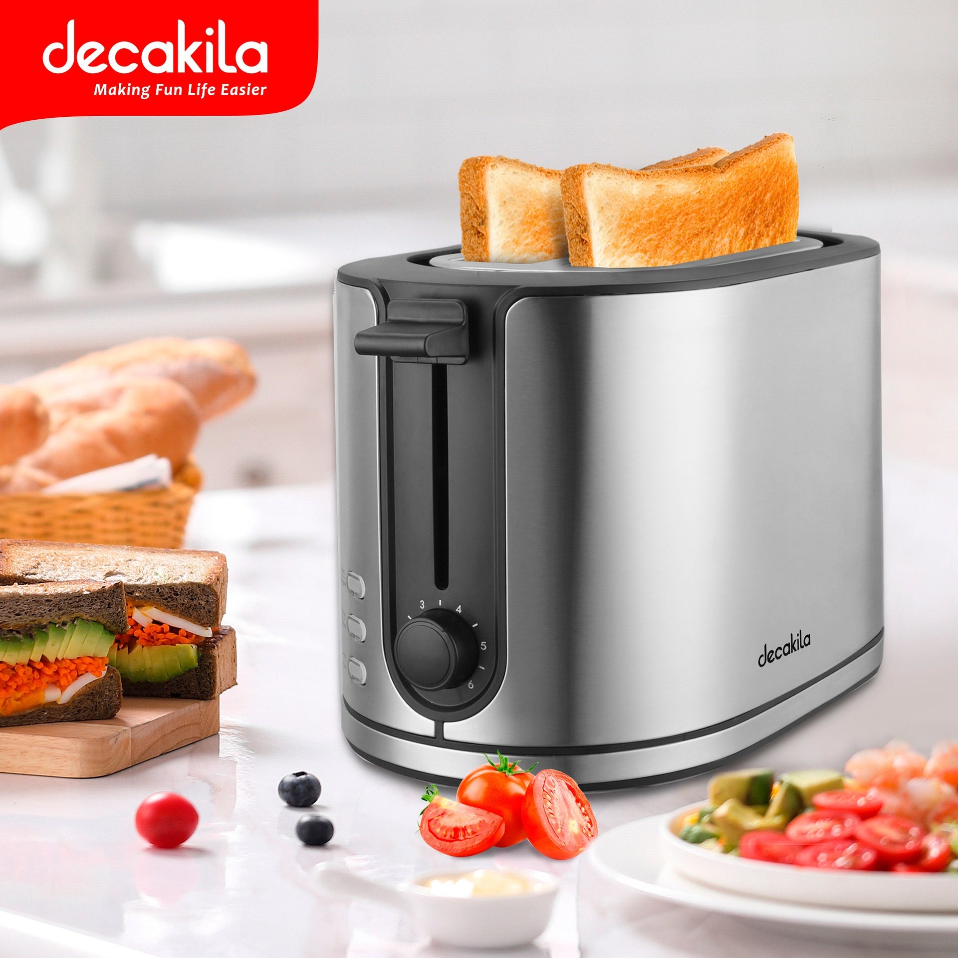 Tostadora de pan 2 rebanadas acero inoxidable 900w decakila 4w plateado