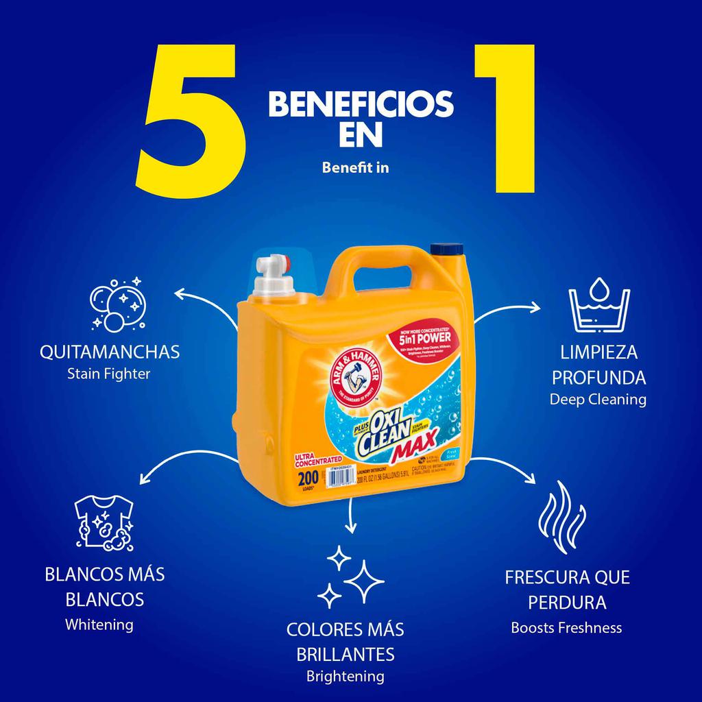 Arm and Hammer Detergente Líquido para Ropa Ultra Concentrado con Oxi Clean 5.91 L / 200 oz / 200 Lavadas