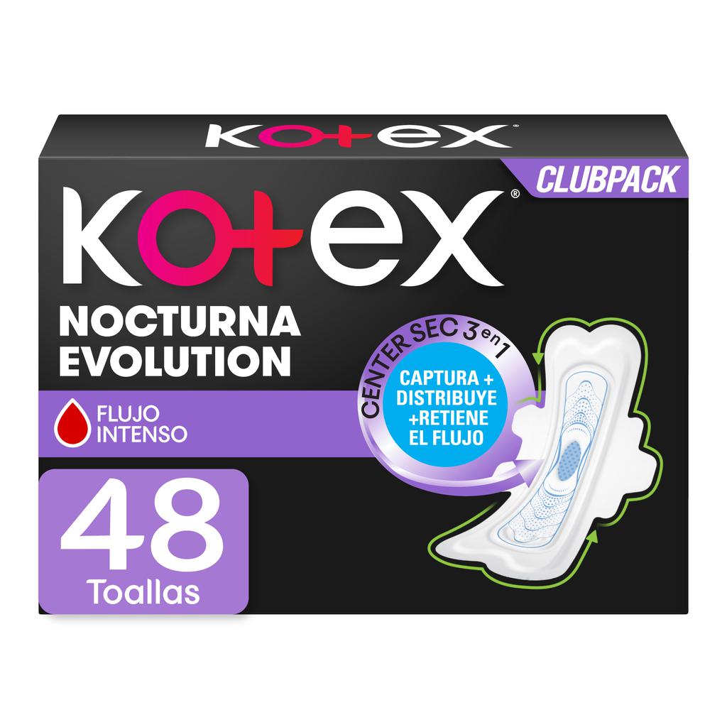 Kotex Nocturna Evolution Toallas Femeninas Extra Largas con Alas 48 Unidades