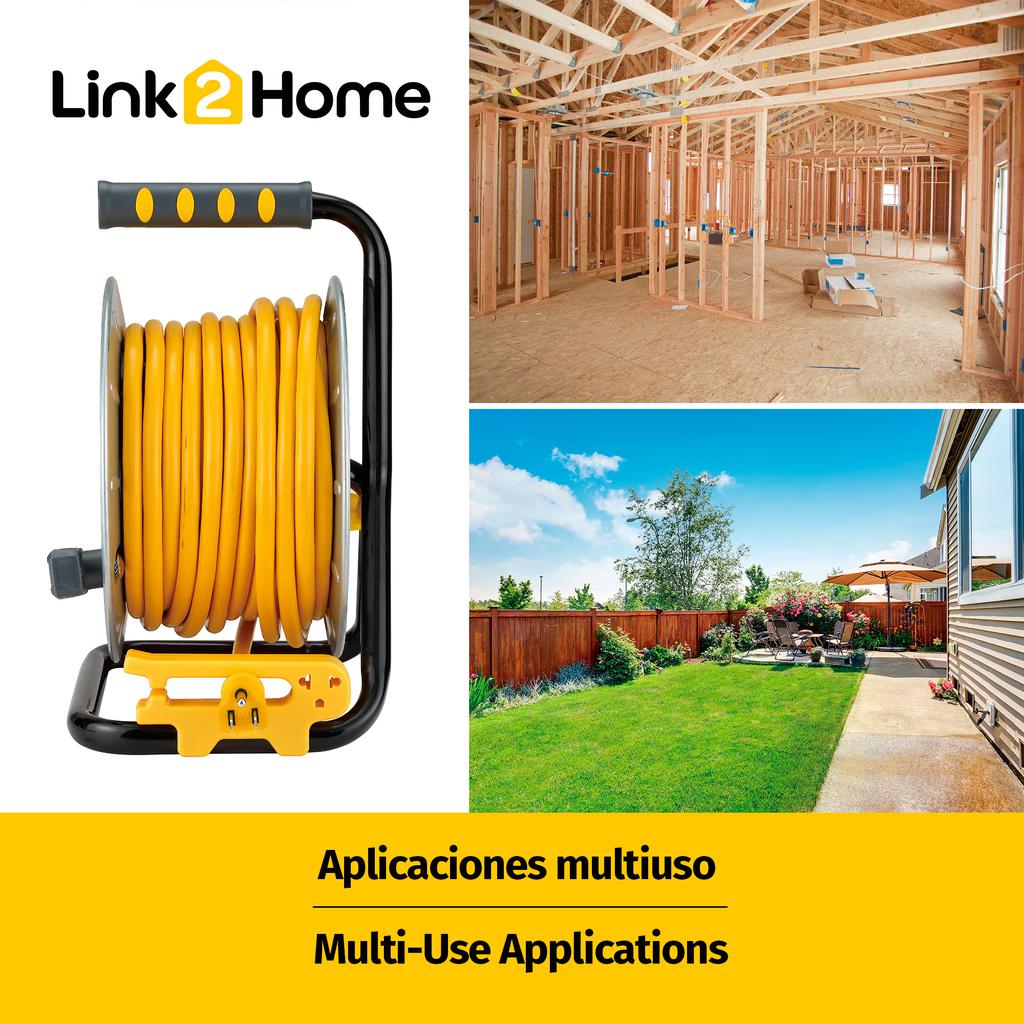 Link2Home Carrete Extensión Retráctil Enrollable con 4 Salidas 15.24 m / 50'