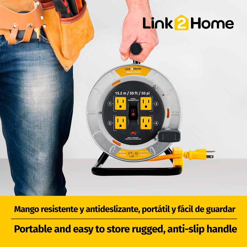 Link2Home Carrete Extensión Retráctil Enrollable con 4 Salidas 15.24 m / 50'