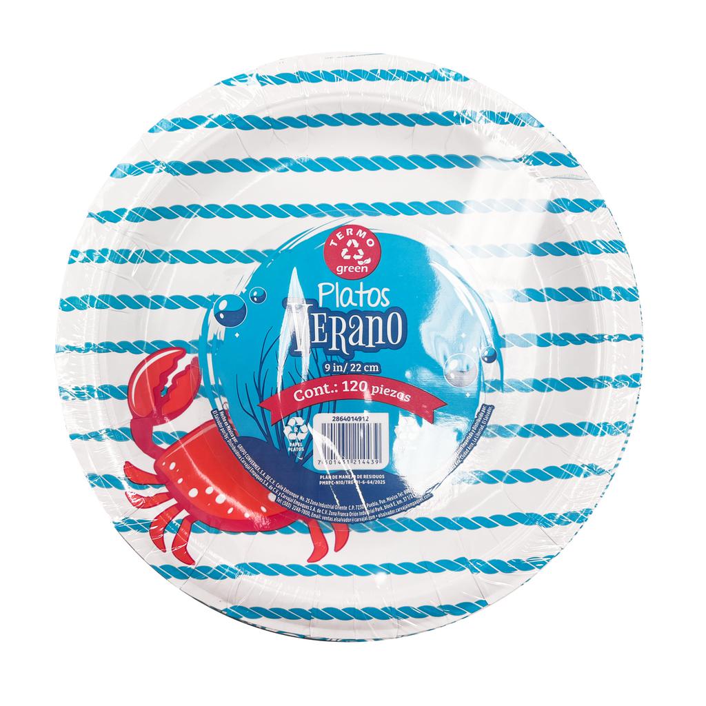 Termogreen Platos Desechables con Diseño Playero 120 Unidades / 22 cm / 9"