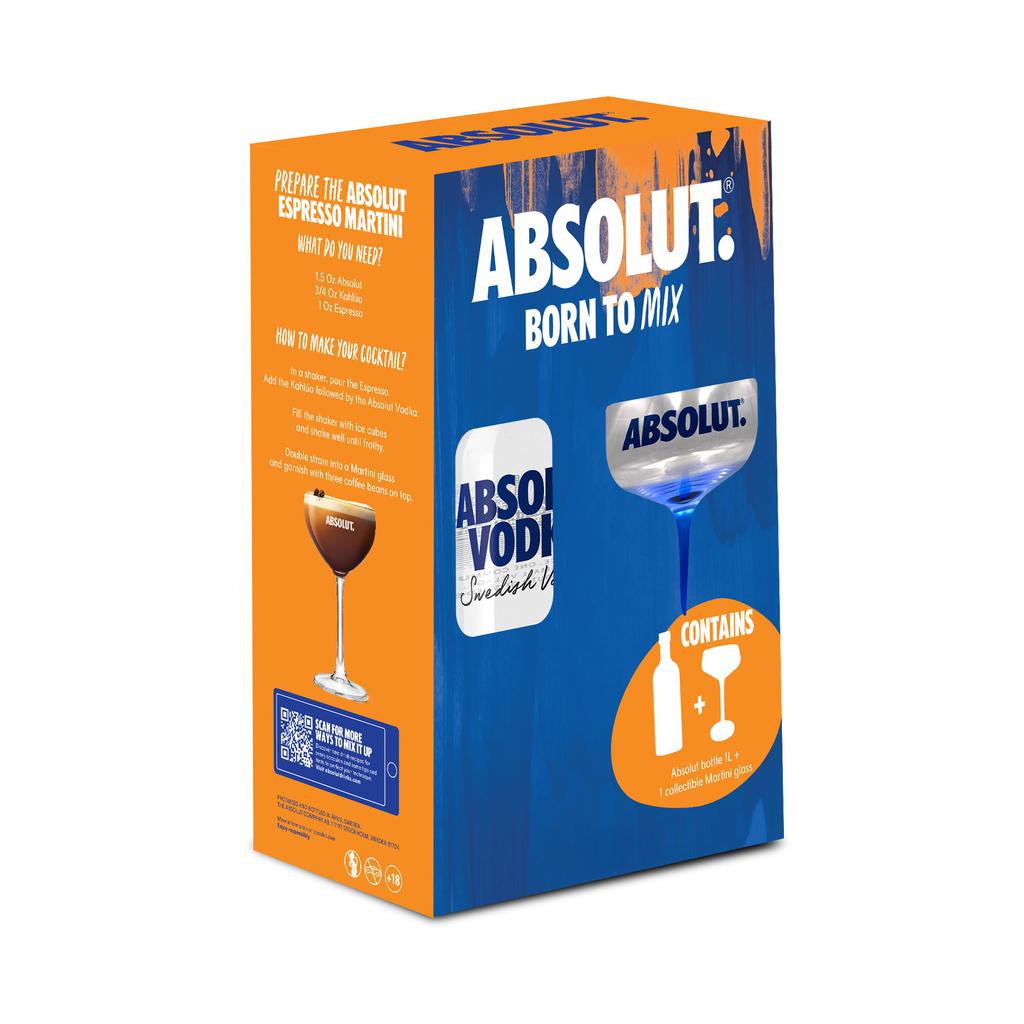 Absolut Vodka Claro Destilado Botella de 1 L + Copa Martini